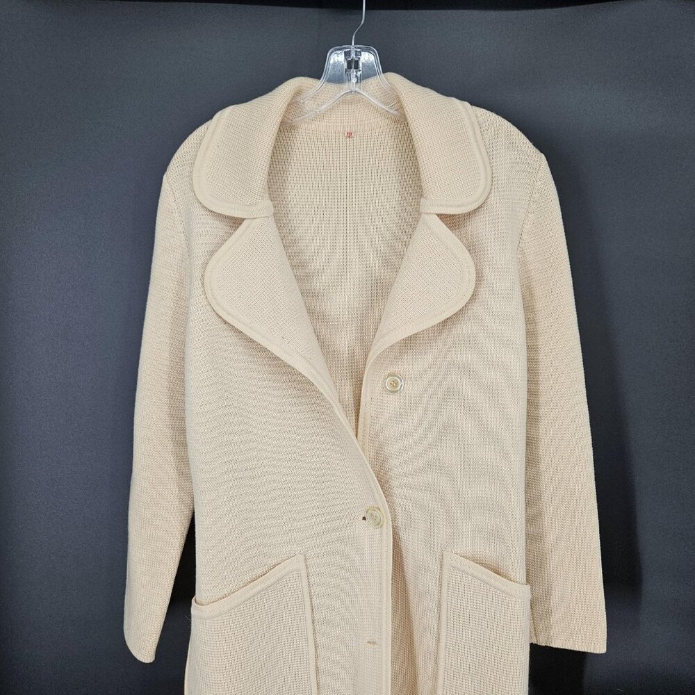 Vint Italian Virgin Wool Coat Jacket Sweater Women 10 Cream Knit Belt Italy 80s - Picture 3 of 13